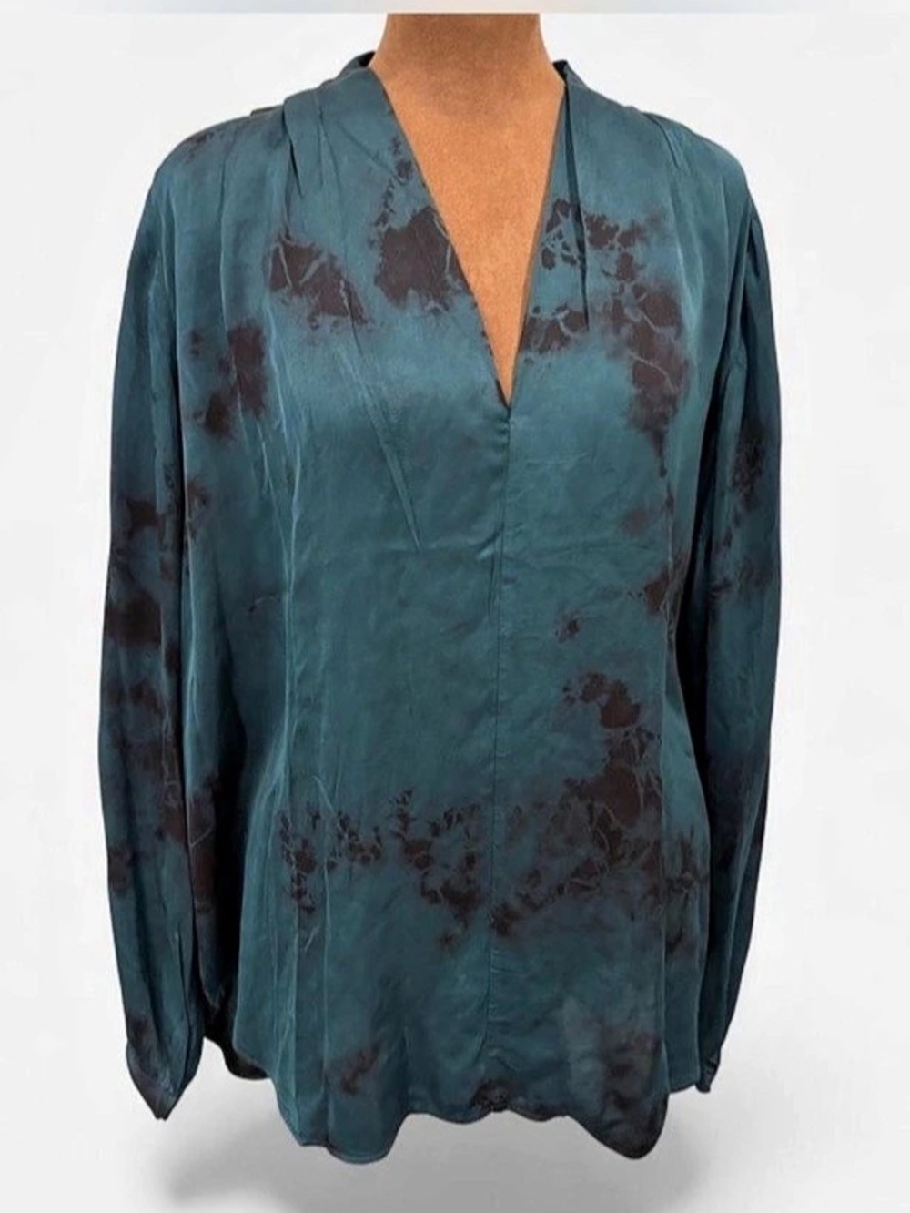 RIVER + SKY Abstract Tie Dye Long Sleeve Blouse in Teal and Black Boho Medium